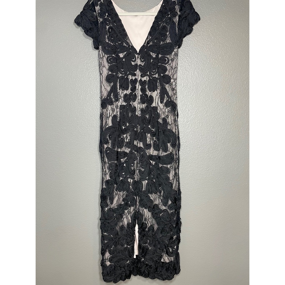 JS Collections Black Soutache Lace Sheath Dress Short Sleeve Midi Size 2 - Picture 10 of 13